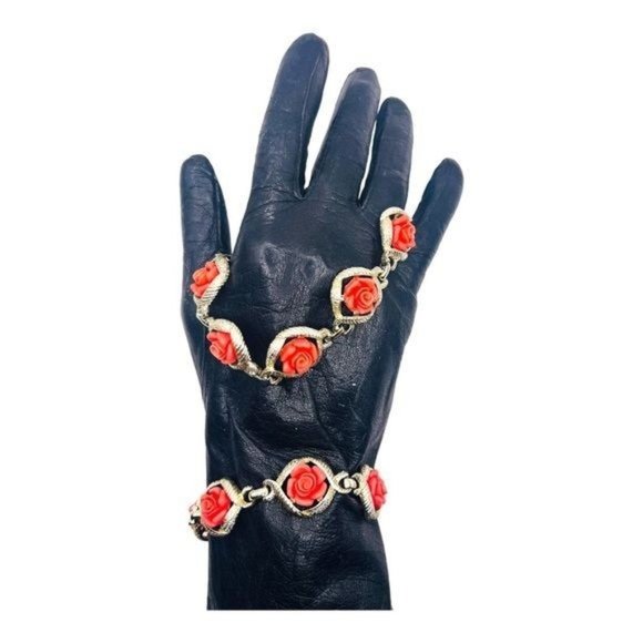 Mid Century Sarah Coventry Set Fashion 1960s Necklace and Bracelet Coral Roses - Picture 3 of 12